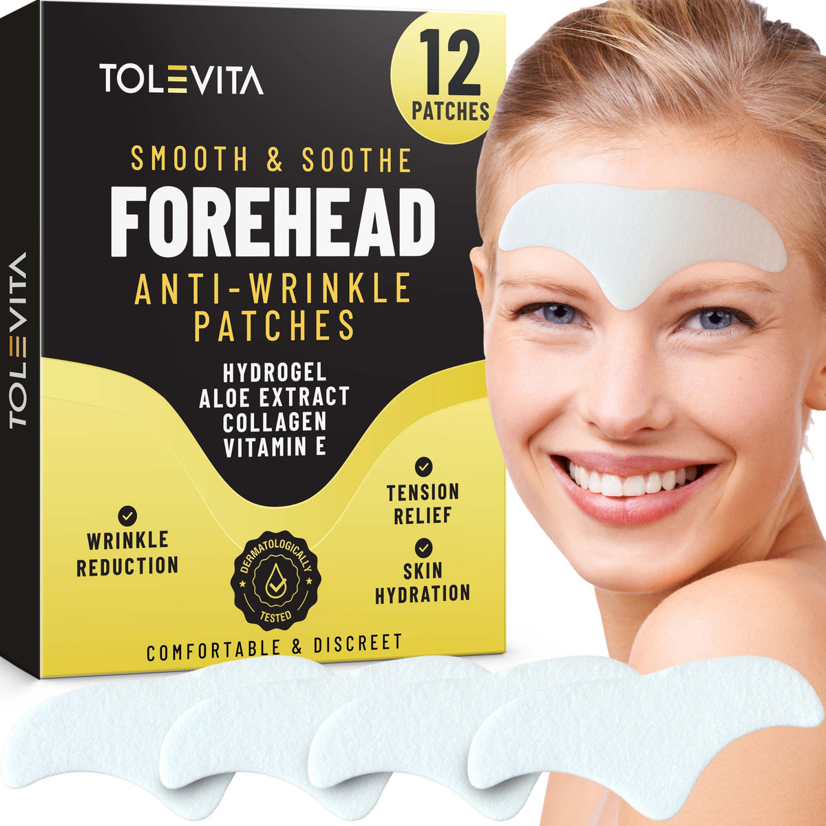 Forehead Wrinkle Patches, Smooth Fine Lines & Wrinkles, Anti-Wrinkle Strips for All Skin Types, 12 patches