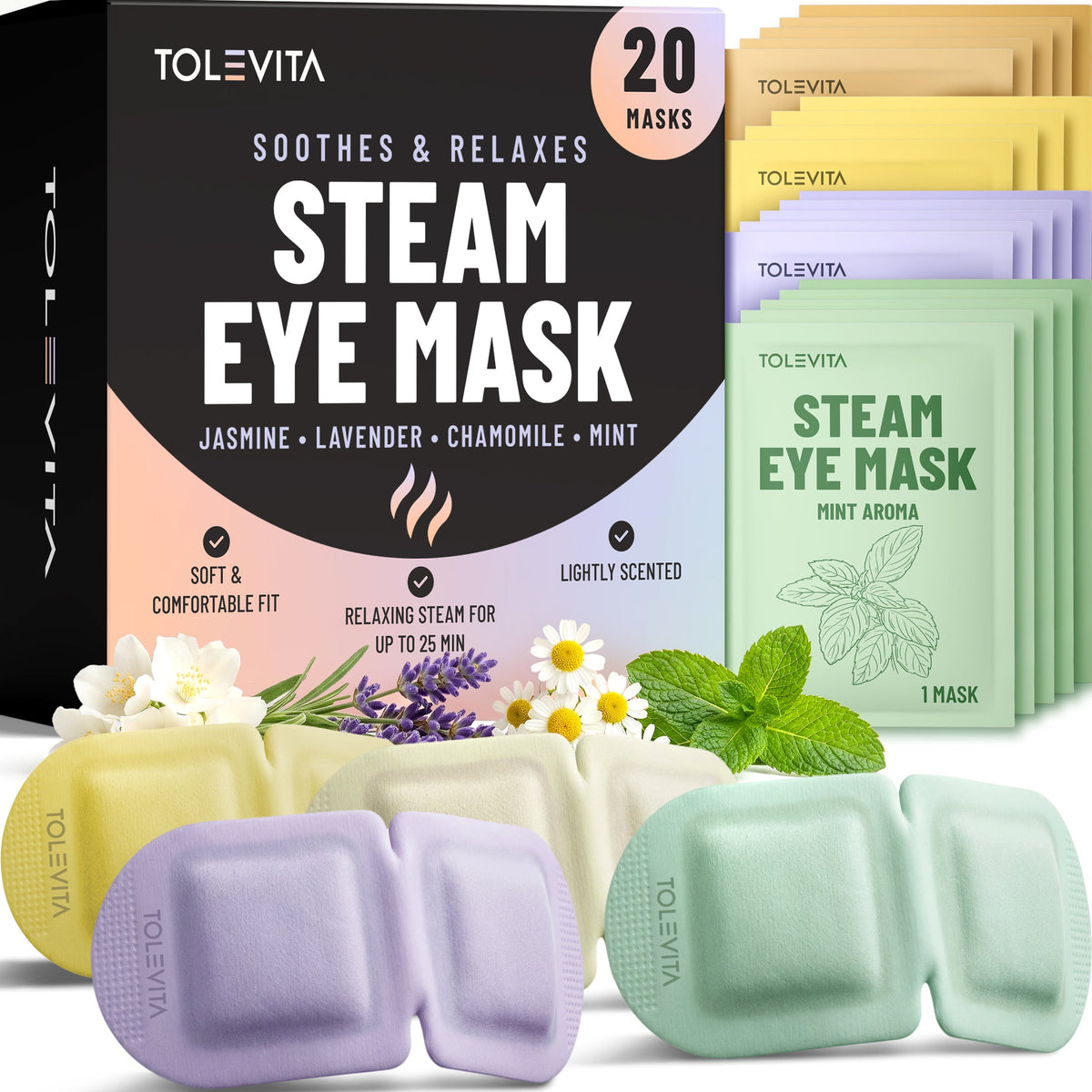 Steam Eye Mask, Self-Heating & Soothing Eye Mask for Relaxation & Eye Fatigue Relief with Lavender, Mint, Jasmine & Chamomile, 20 Masks