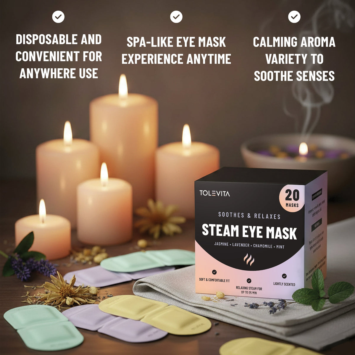 Steam Eye Mask, Self-Heating & Soothing Eye Mask for Relaxation & Eye Fatigue Relief with Lavender, Mint, Jasmine & Chamomile, 20 Masks
