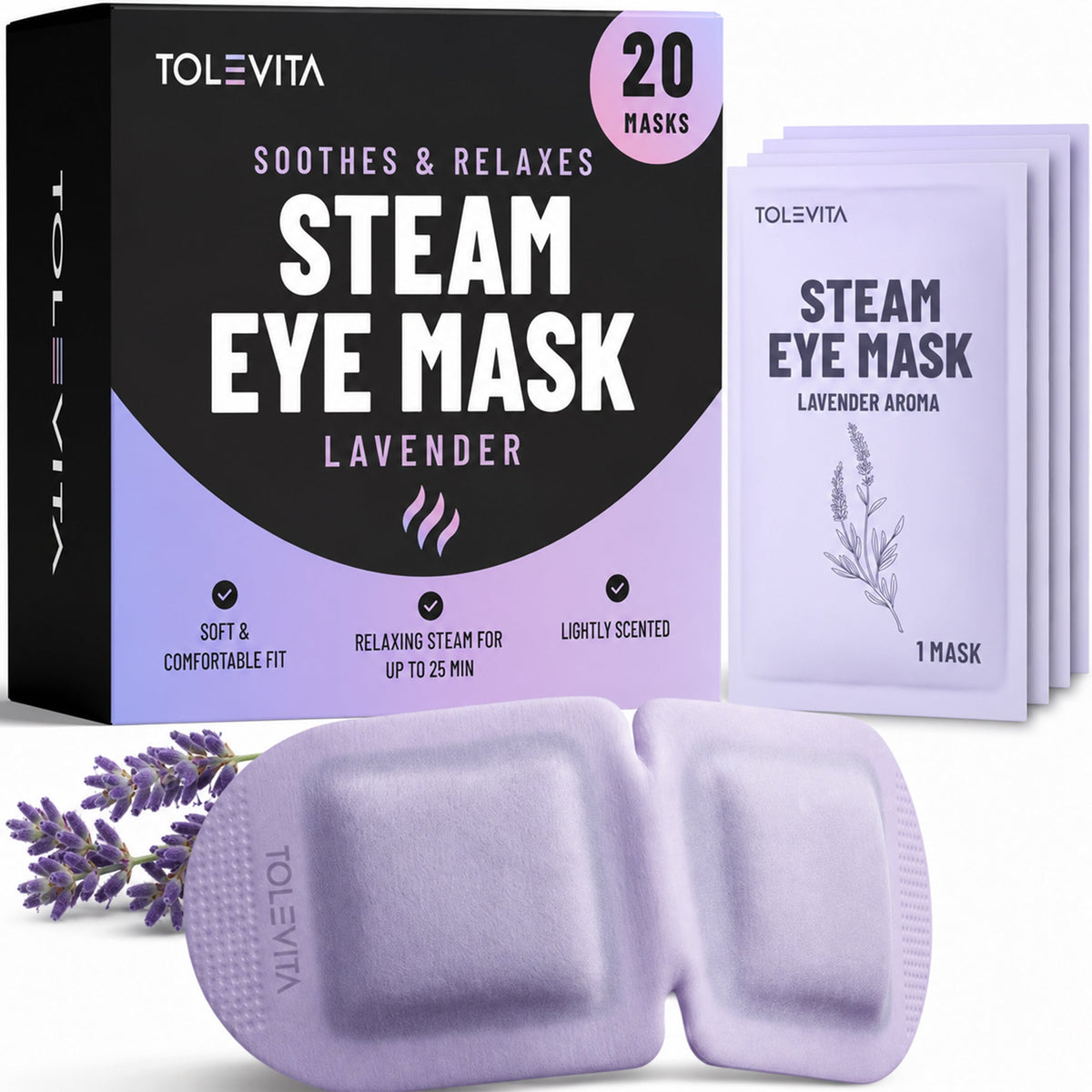 Steam Eye Mask, Self-Heating & Soothing Eye Mask for Relaxation & Eye Fatigue Relief with Lavender, Mint, Jasmine & Chamomile, 20 Masks